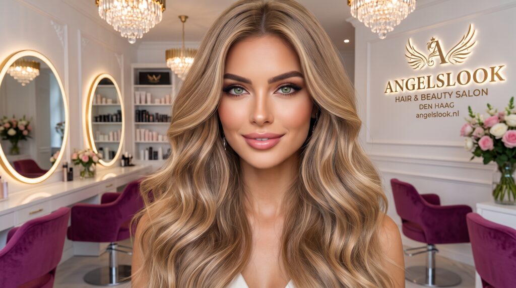 Model met lang, golvend blond haar bij het Angelslook-logo.